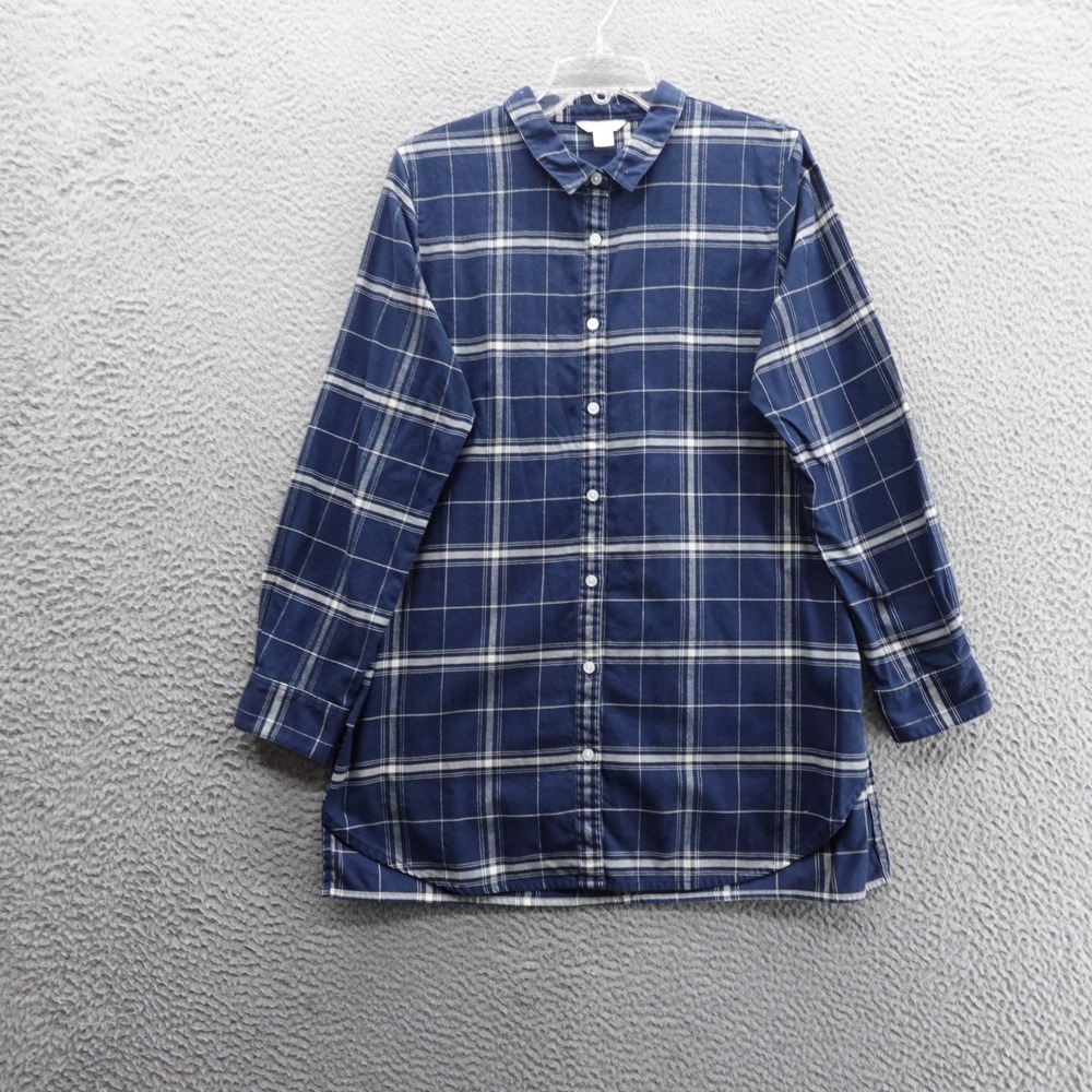 Garnet Hill Plaid Flannel Tunic Top Large‎ Navy Blue Cotton Womens Fall Shirt